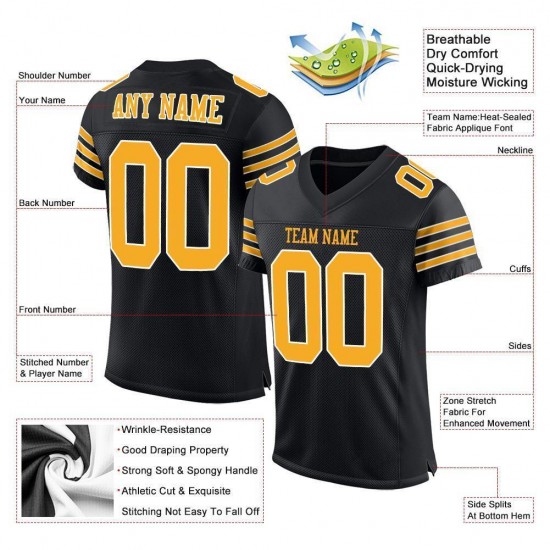 Custom Black Gold-White Mesh Authentic Football Jersey