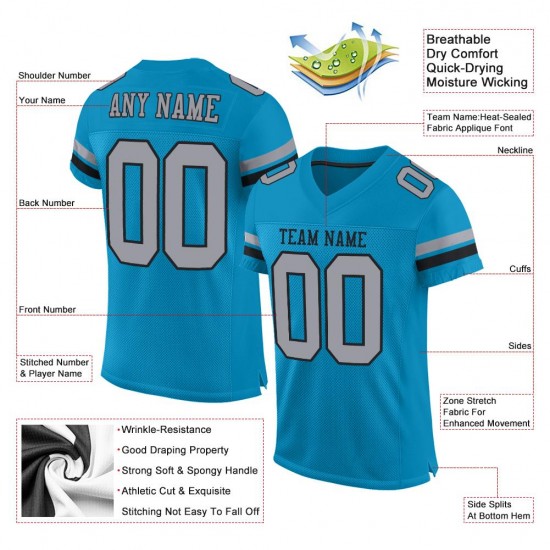 Custom Panther Blue Light Gray-Black Mesh Authentic Football Jersey