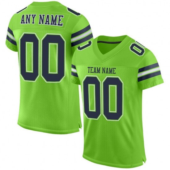 Custom Neon Green Navy-White Mesh Authentic Football Jersey