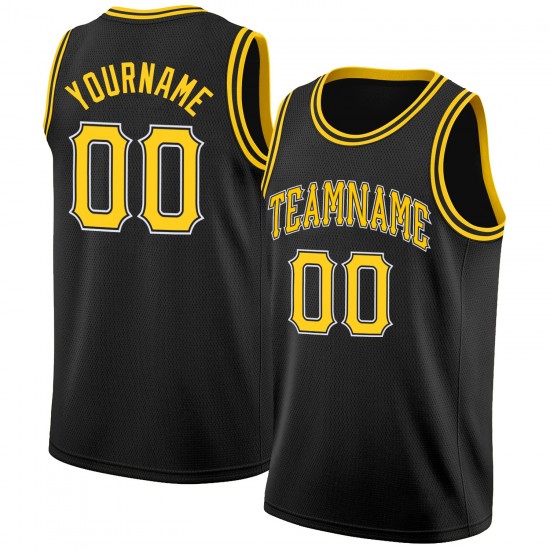 Custom Black Gold-White Round Neck Rib-Knit Basketball Jersey