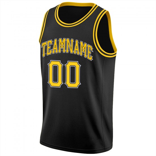 Custom Black Gold-White Round Neck Rib-Knit Basketball Jersey