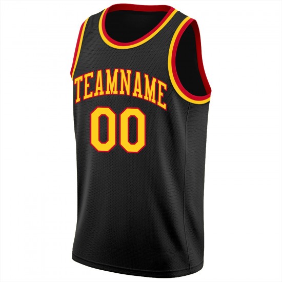 Custom Black Gold-Red Round Neck Rib-Knit Basketball Jersey