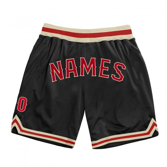 Custom Black Red-Cream Authentic Throwback Basketball Shorts