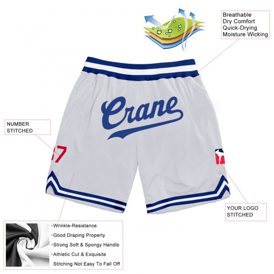 Custom White Royal-Red Authentic Throwback Basketball Shorts