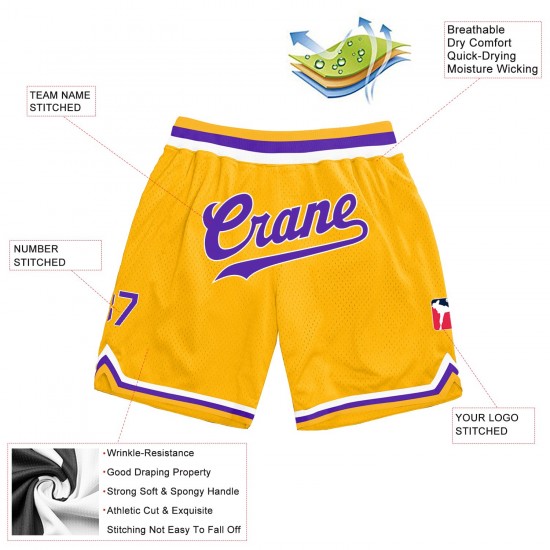 Custom Gold Purple-White Authentic Throwback Basketball Shorts