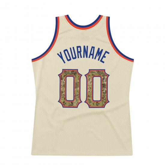 Custom Cream Camo-Royal Authentic Throwback Basketball Jersey