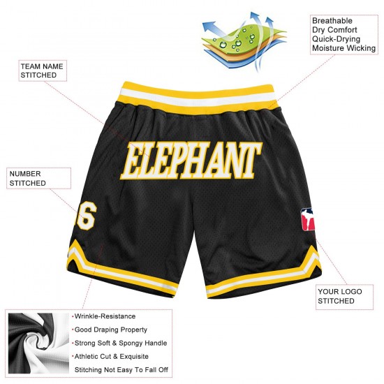 Custom Black White-Gold Authentic Throwback Basketball Shorts