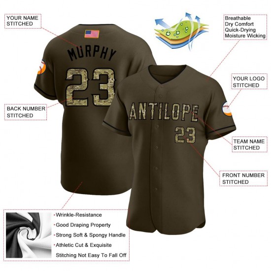 Custom Olive Camo-Black Authentic Salute To Service American Flag Fashion Baseball Jersey