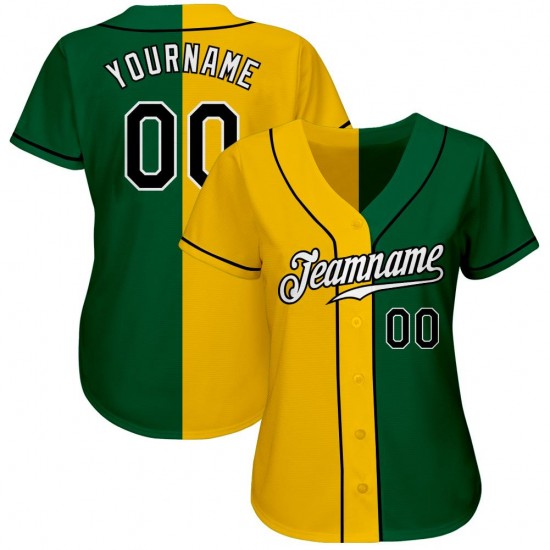 Custom Kelly Green Black-Gold Authentic Split Fashion Baseball Jersey