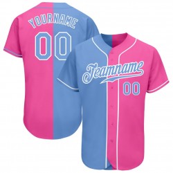 Custom Pink Light Blue-White Authentic Split Fashion Baseball Jersey