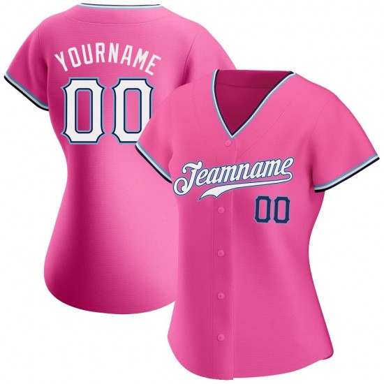 Custom Pink White-Navy Authentic Baseball Jersey