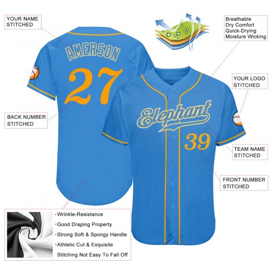 Custom Powder Blue Gold-White Authentic Baseball Jersey