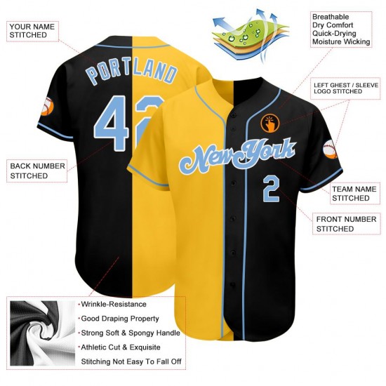 Custom Black Light Blue-Gold Authentic Split Fashion Baseball Jersey