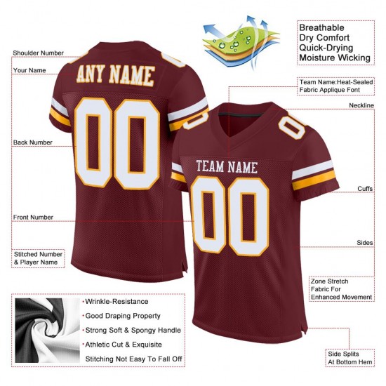 Custom Burgundy White-Gold Mesh Authentic Football Jersey