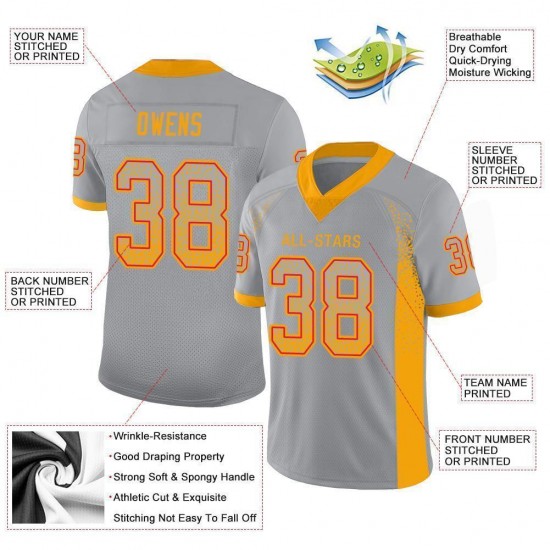 Custom Light Gray Gold-Scarlet Mesh Drift Fashion Football Jersey