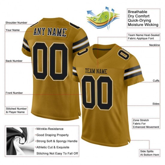 Custom Old Gold Black-White Mesh Authentic Football Jersey