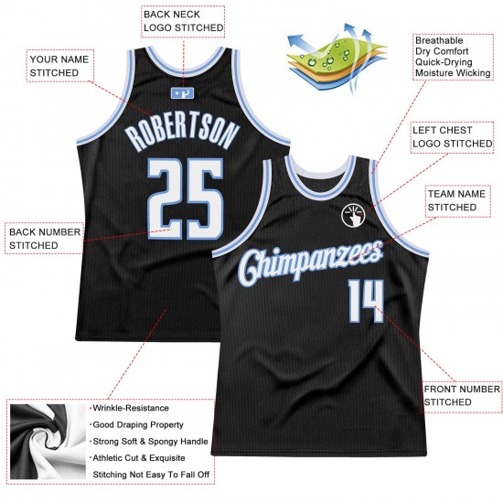 Custom Black White-Light Blue Authentic Throwback Basketball Jersey