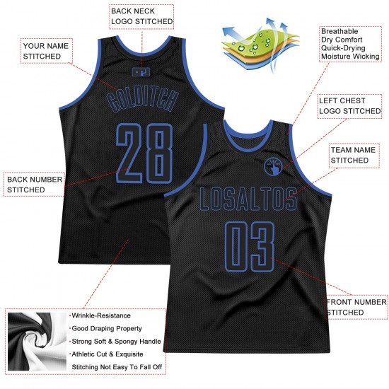 Custom Black Black-Blue Authentic Throwback Basketball Jersey