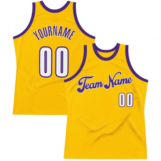 Custom Gold White-Purple Authentic Throwback Basketball Jersey