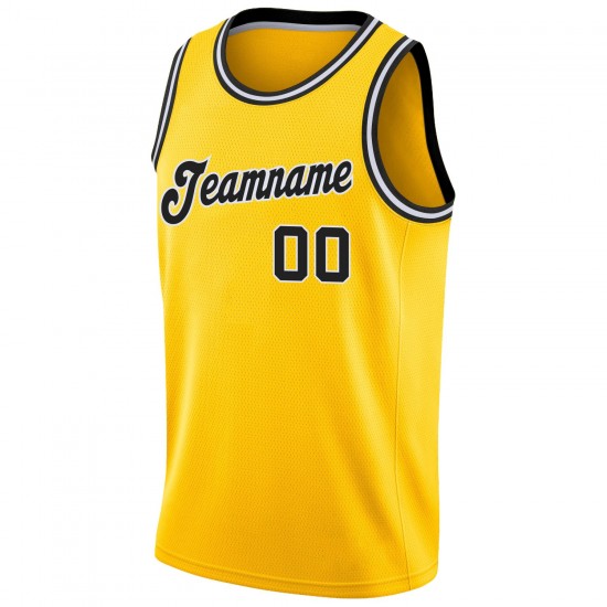 Custom Gold Black-White Round Neck Rib-Knit Basketball Jersey