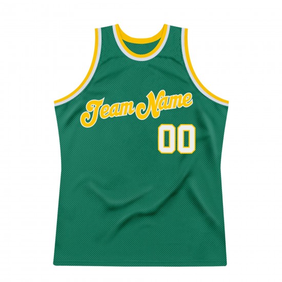 Custom Kelly Green White-Gold Authentic Throwback Basketball Jersey