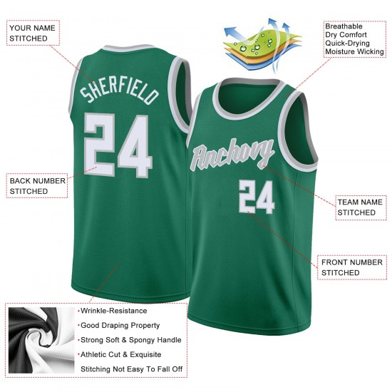 Custom Kelly Green White-Silver Gray Round Neck Rib-Knit Basketball Jersey