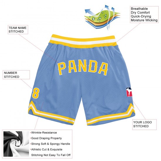 Custom Light Blue Gold-White Authentic Throwback Basketball Shorts