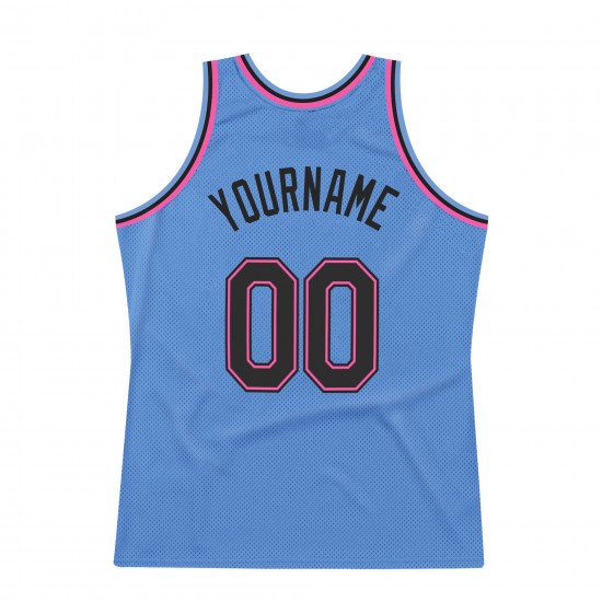 Custom Light Blue Black-Pink Authentic Throwback Basketball Jersey