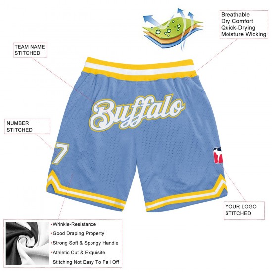 Custom Light Blue White-Gold Authentic Throwback Basketball Shorts