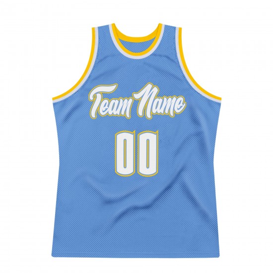 Custom Light Blue White-Gold Authentic Throwback Basketball Jersey