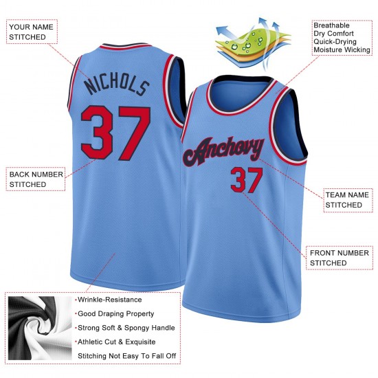 Custom Light Blue Red-Navy Round Neck Rib-Knit Basketball Jersey