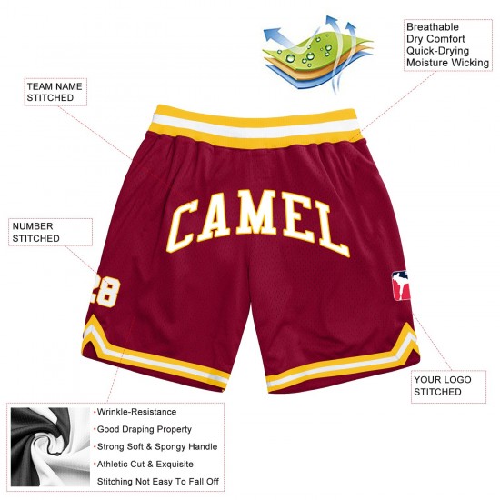 Custom Maroon White-Gold Authentic Throwback Basketball Shorts