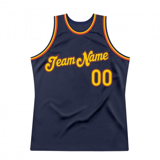 Custom Navy Gold-Orange Authentic Throwback Basketball Jersey