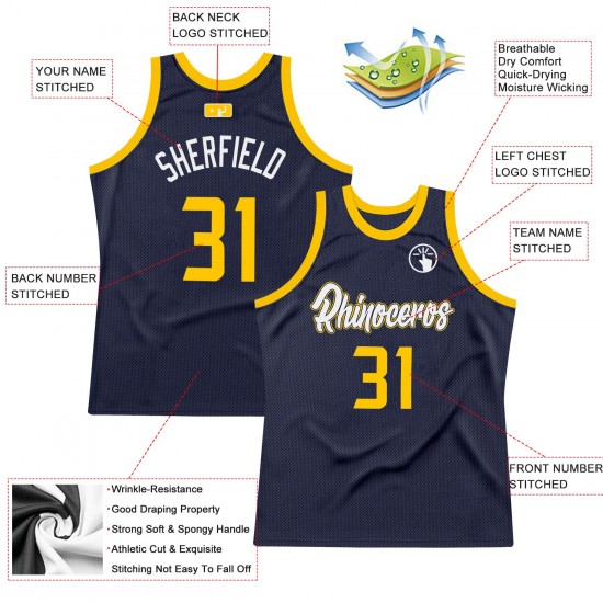 Custom Navy Gold-White Authentic Throwback Basketball Jersey