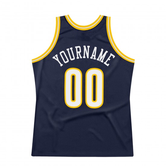 Custom Navy White-Gold Authentic Throwback Basketball Jersey