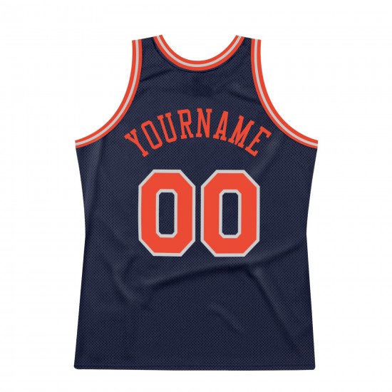 Custom Navy Orange-Silver Gray Authentic Throwback Basketball Jersey