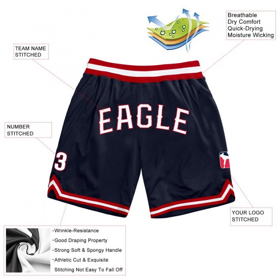 Custom Navy White-Red Authentic Throwback Basketball Shorts