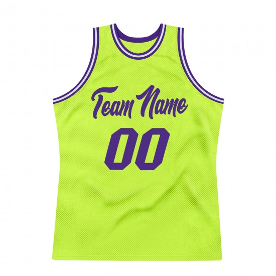 Custom Neon Green Purple-White Authentic Throwback Basketball Jersey