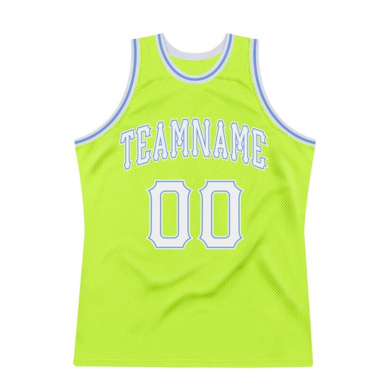 Custom Neon Green White-Light Blue Authentic Throwback Basketball Jersey