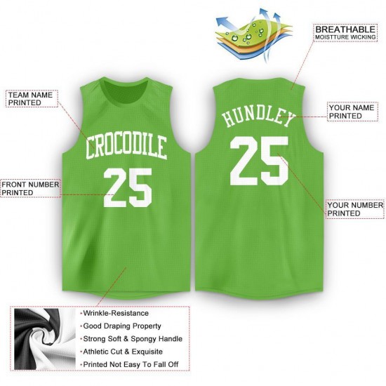 Custom Neon Green White Round Neck Basketball Jersey