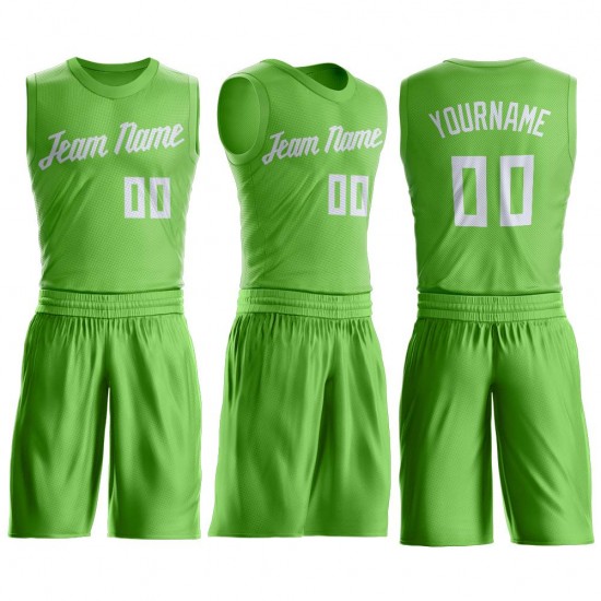 Custom Neon Green White Round Neck Suit Basketball Jersey