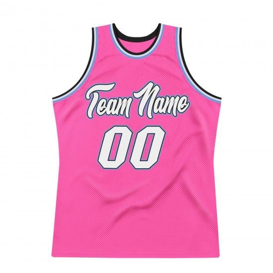 Custom Pink White-Light Blue Authentic Throwback Basketball Jersey