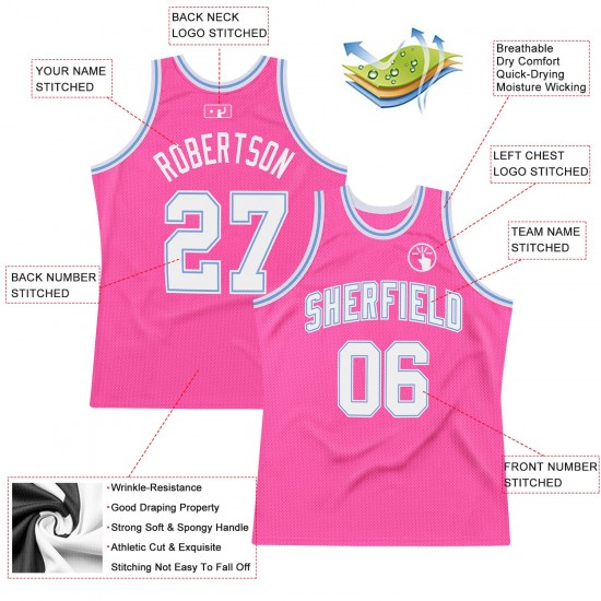 Custom Pink White-Light Blue Authentic Throwback Basketball Jersey