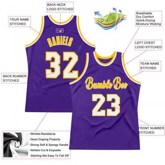 Custom Purple White-Gold Authentic Throwback Basketball Jersey