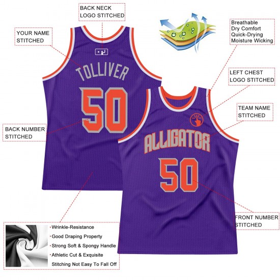 Custom Purple Orange-Silver Gray Authentic Throwback Basketball Jersey