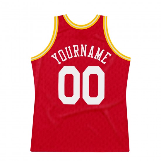 Custom Red White-Gold Authentic Throwback Basketball Jersey