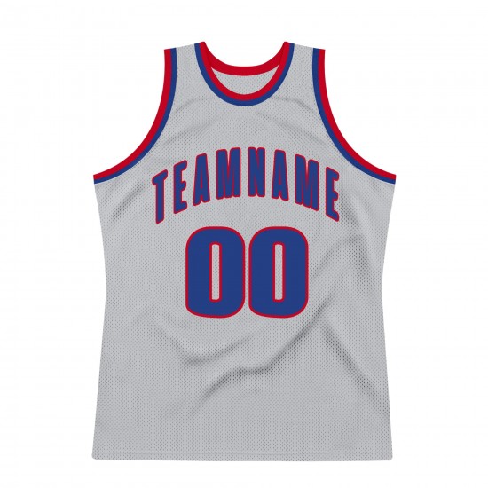 Custom Silver Gray Royal-Red Authentic Throwback Basketball Jersey