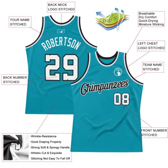 Custom Teal White-Black Authentic Throwback Basketball Jersey