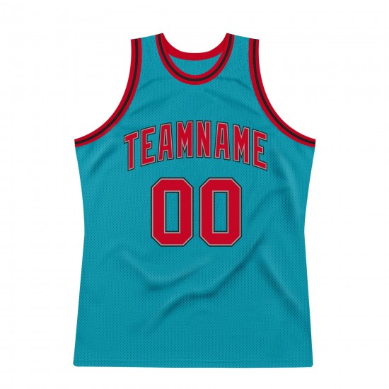 Custom Teal Red-Black Authentic Throwback Basketball Jersey