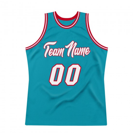 Custom Teal White-Red Authentic Throwback Basketball Jersey